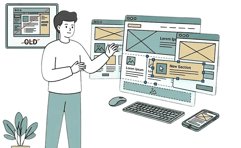 サイトをリニューアルしている様子のイラスト